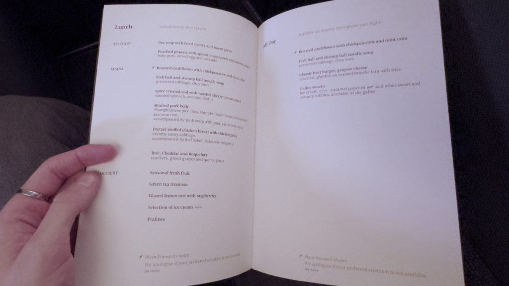 Cathay Pacific Business Menu