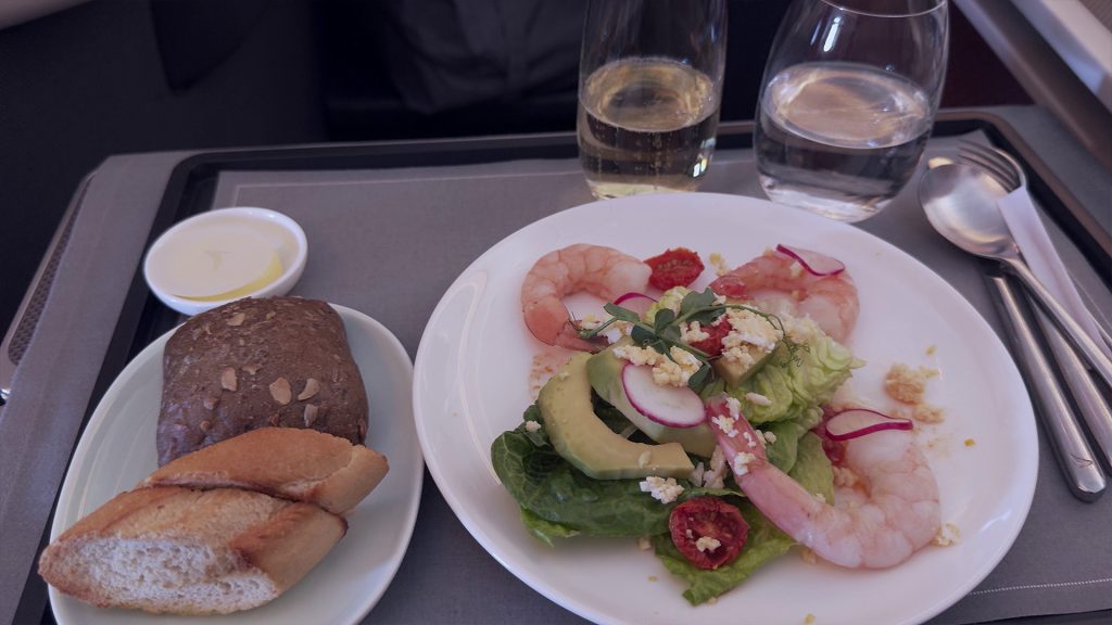 Cathay Pacific business class lunch prawns