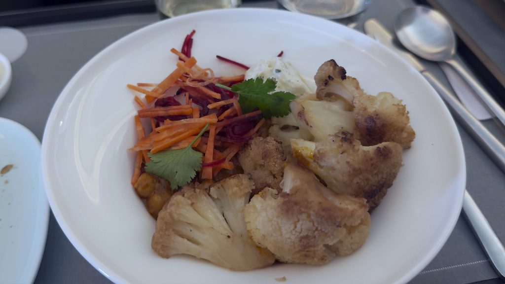 Cathay Pacific business class lunch cauliflower chickpea curry
