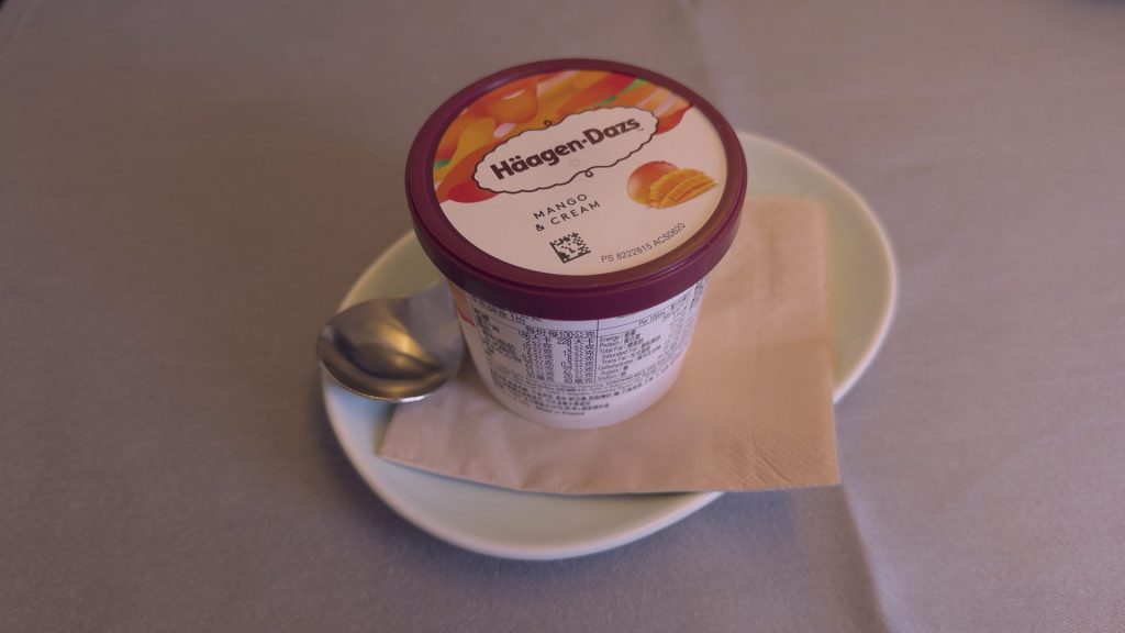 Cathay Pacific 777-300 regional Business Class Dessert Mango Icecream