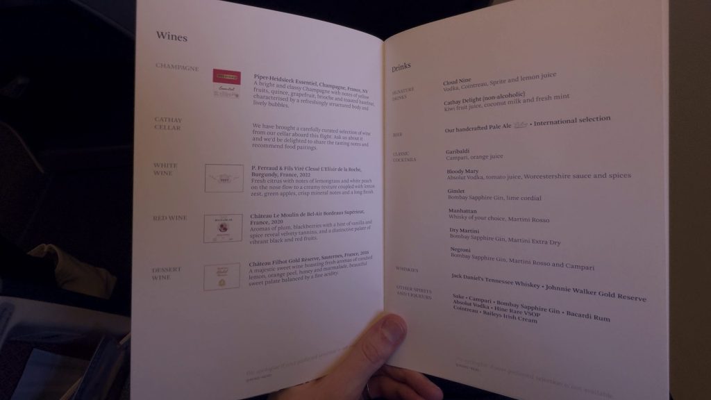 Cathay Pacific 777-300 Regional Business Class menu card wines and drinks